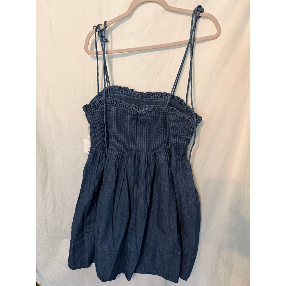 Free Assembly Denim Smocked Mini Dress Medium Wash Blue Tie Strap Womens M 8-10 - Picture 5 of 7